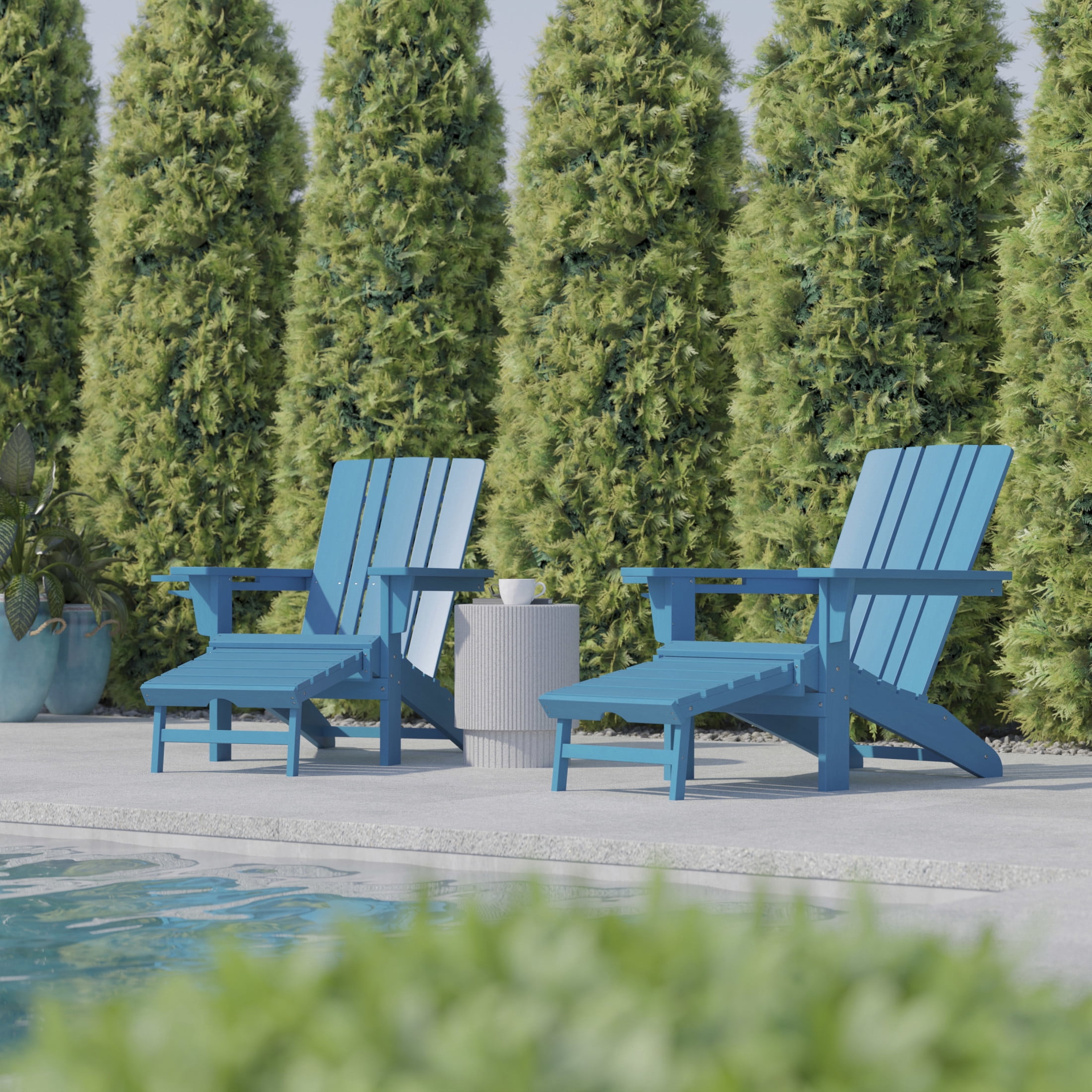 Flash Furniture Halifax HDPE Adirondack Chair with Cup Holder and Pull Out Ottoman, All-Weather HDPE Indoor/Outdoor Lounge Chair in Blue, Set of 2