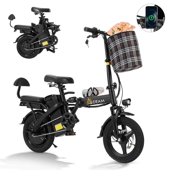 Erinnyees 14" Folding E-Bike, 500W, 18.6MPH, 374.4Wh, Passenger Seat & Basket