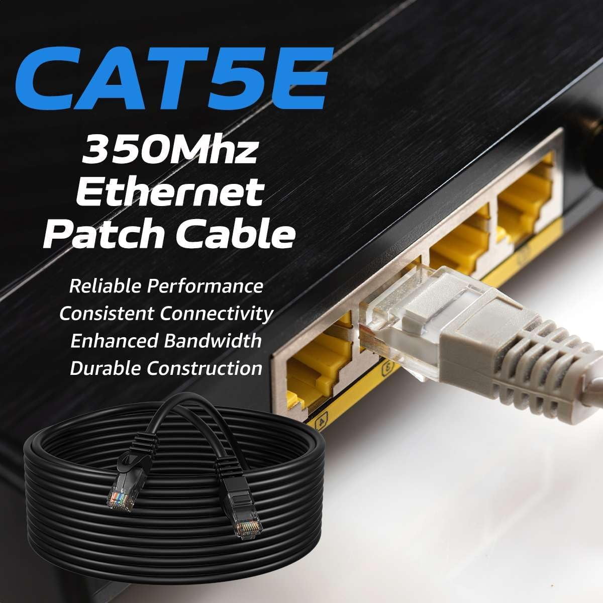 Cat5e 200FT Network Ethernet Patch Cable, 350Mhz Internet Wire, For Router, Modem, PC, Laptop, TVs, Printer Cord, Consoles, Copper-Clad Aluminum, Black, Cables Direct Online