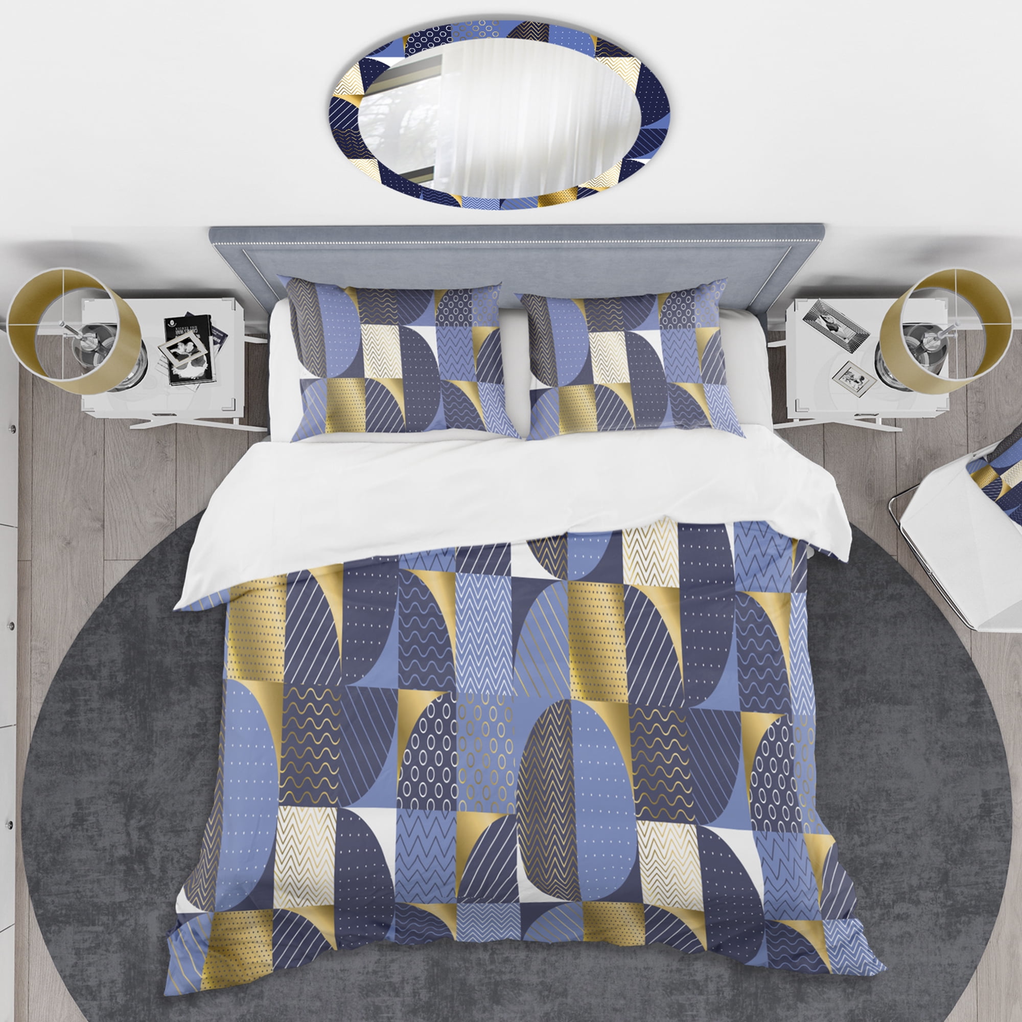 Designart 'Retro Luxury Waves In Gold And Blue IV' Mid-Century Modern Duvet Cover Set