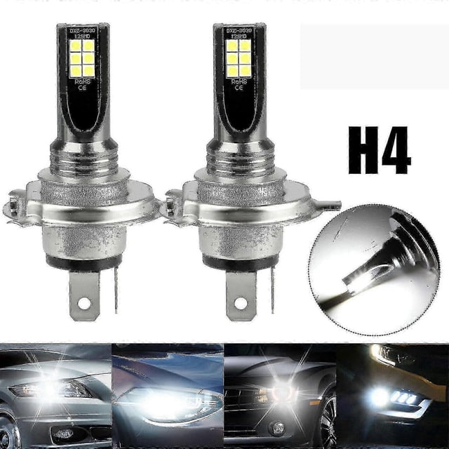 h4 led headlight bulbs Kit 2X 9003 H4 LED headlight bulbs, frontal view of two silver metal-base bulbs with rectangular COB LED chips on both sides and H4 two-prong connector; specs list 14000LM/kit, 6000K white light and IP68 waterproof; inset shows bright white beam on car headlights and fog lights, also suitable for use as fog lamp replacement.