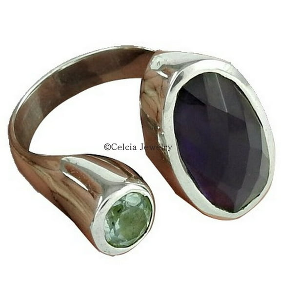 Amethyst & Blue Topaz Adjustable Ring, 2 Stone Stackable Statement Bohemian Promise Ring, Gifts For Women, November February Birthstone (amethyst, Size 7)