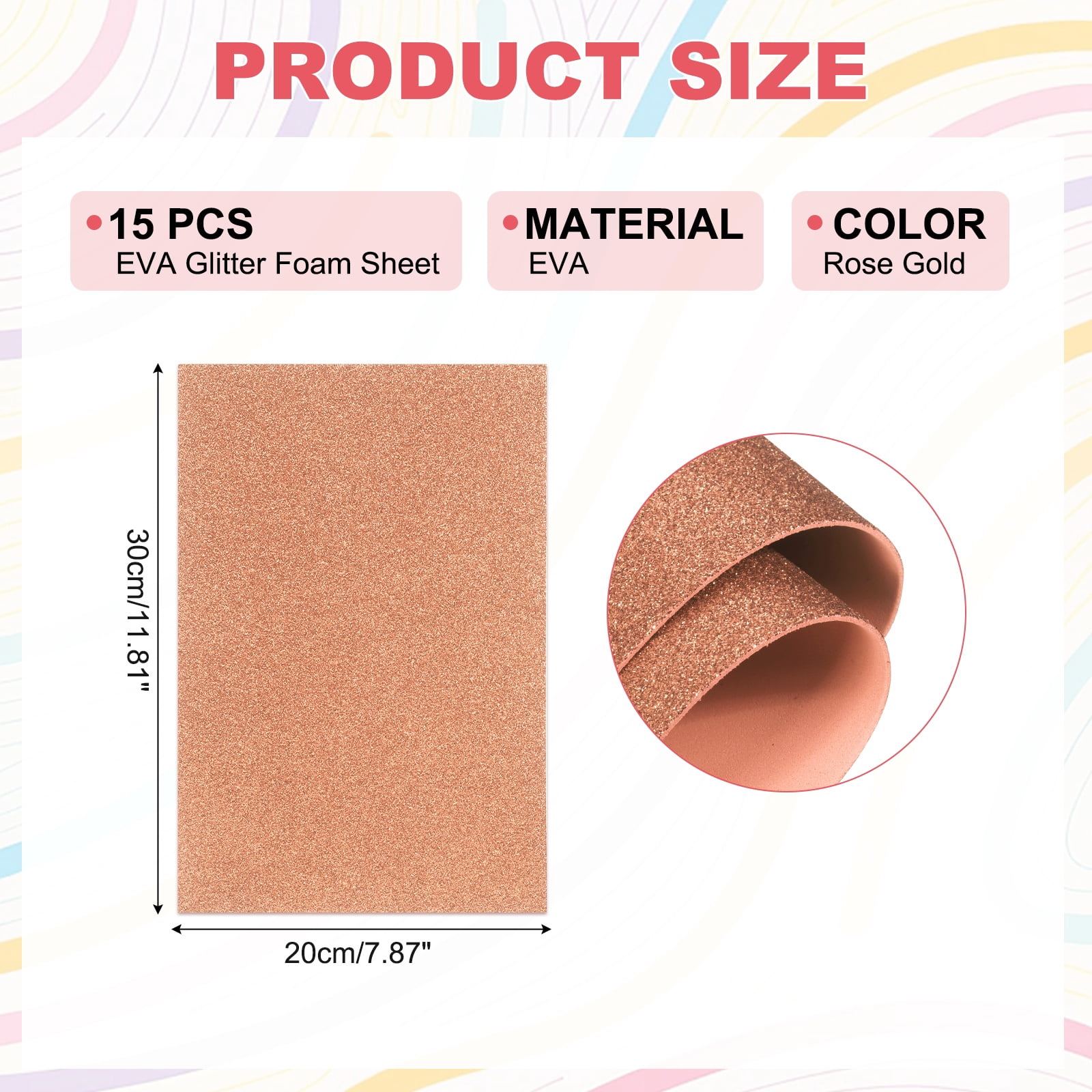 Uxcell 15 Pcs EVA Foam Sheet, 11.8 x 7.9 Inch 2mm Thick Glitter  Foam Sheets Sparkle Foams Paper for Classroom Scrapbooking DIY Handcraft Art Craft Project, Rose Gold