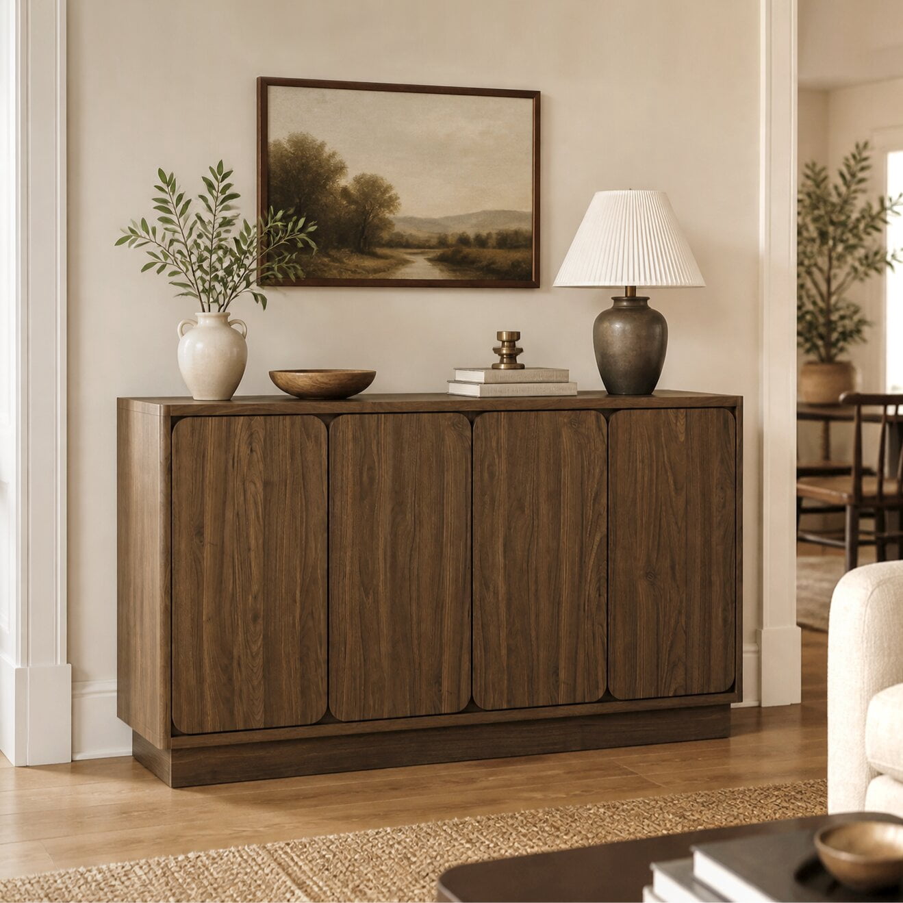 Mintazer 59.1"W Sideboard Buffet Cabinet with Adjustable Shelves, 4 Door Storage Credenza Cabinet for Dining Room Kitchen Living Room, Entryway, Walnut
