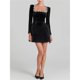 thumbnail image 4 of Vestido Midi Ajustado de Terciopelo para Mujer, Elegante Vestido de Cóctel de Larga con Escote Cuadrado y Dobladillo con Volantes Negro XL, 4 of 10