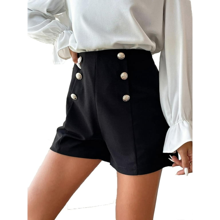 Elegant Women's High Waist Button Shorts Black S (4)