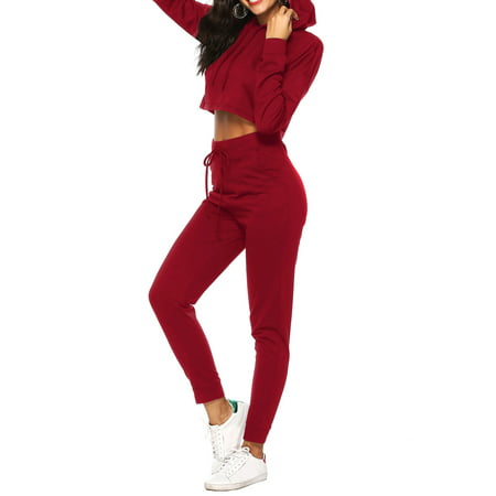 Women's 2 Piece Sweatsuit Set Crop Hoodie and Pants Red Size S-2XL ...