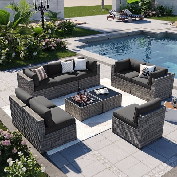 Aoxun 10 Piece Patio Furniture Set Wicker Rattan Patio Conversation Set Outdoor Sectional Sofa Set with Coffee Table and 4” Thickened Cushions, Black(Waterproof Cover Included)