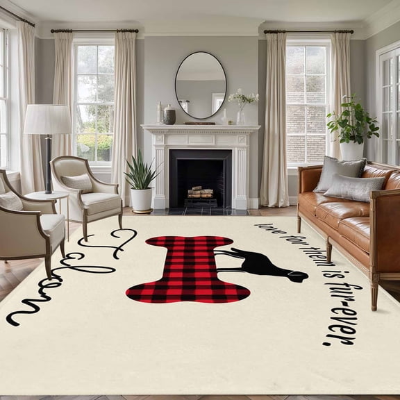 Area Rug for Living Room, Black Red Buffalo Plaid Non-Slip Indoor Large Carpet for Bedroom/Dining Room, Bones Cute Dogs Pets Washable Low-Profile Rectangle Floor Runner Rugs - 6 x 9 Ft