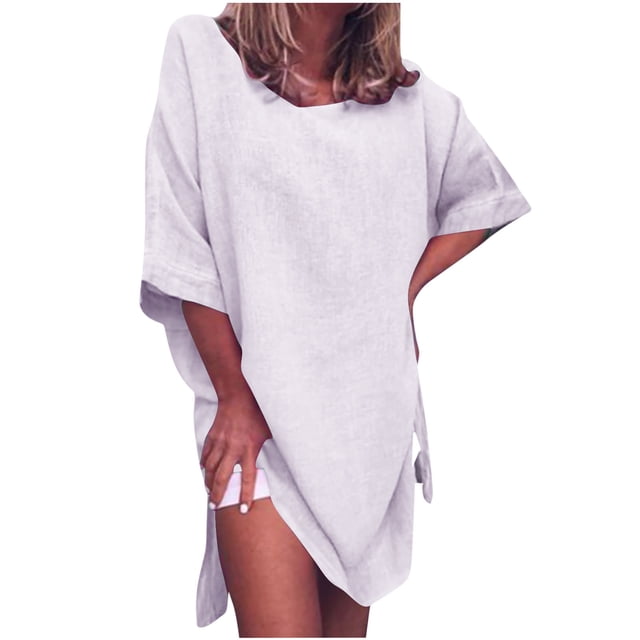 Cameland Robe d'Été Décontractée pour Femmes Couleur Unie Manches Mi-Longues Coton Lin Fendue