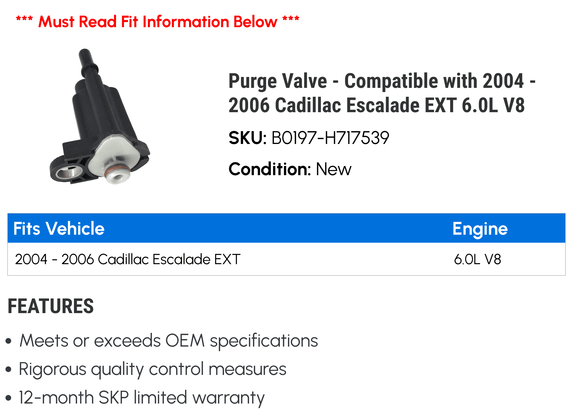 Purge Valve - Compatible with 2004 - 2006 Cadillac Escalade EXT 6.0L V8 2005