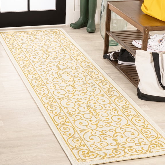 JONATHAN Y SANTA MONICA 2 x 10 Runner Rug, Charleston Vintage Filigree Textured Weave - Cream/Yellow, SMB106M-210