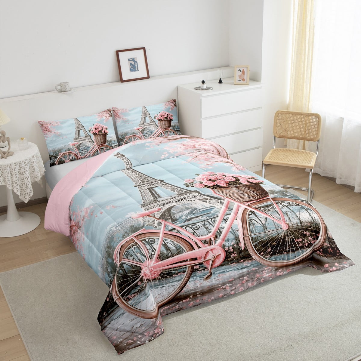 Manfei Paris Eiffel Tower Bedding Comforter Set for Girl, Pink Romantic Bike Twin Comforter Sets, Blossoms Flower Floral Reversible Bedding Set, Luxury Bedroom Decor, 2pcs