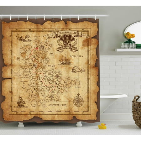 Treasure Map Shower Curtain Island Map Shower Curtain, Super Detailed Treasure Map Grungy Rustic Pirates Gold Secret Sea History Theme, Fabric Bathroom Set with Hooks, Beige Brown, by Ambesonne ()