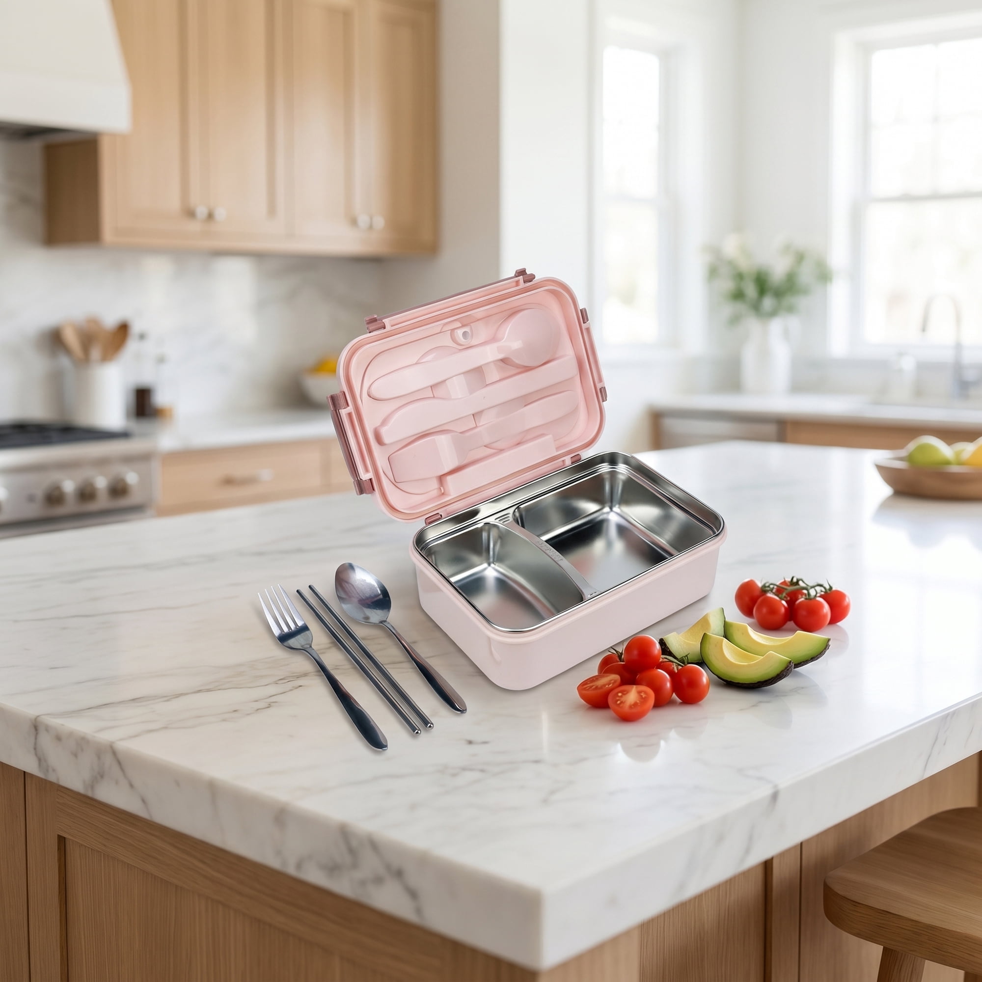 Unique Bargains 3-Compartment Leak-Proof  Lunch Bento Box with Utensils Sakura Pink