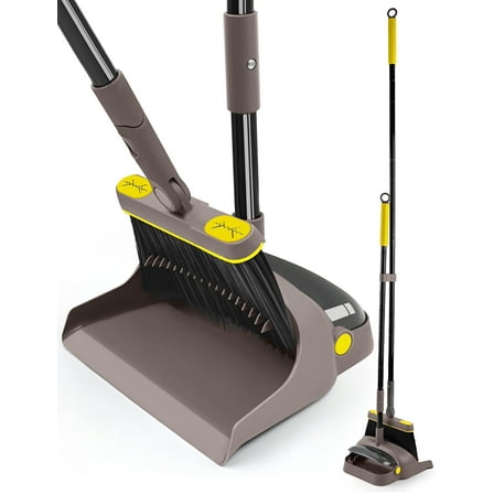 JEHONN Broom and Dustpan Combo for Home with Long Handle Brown Yellow