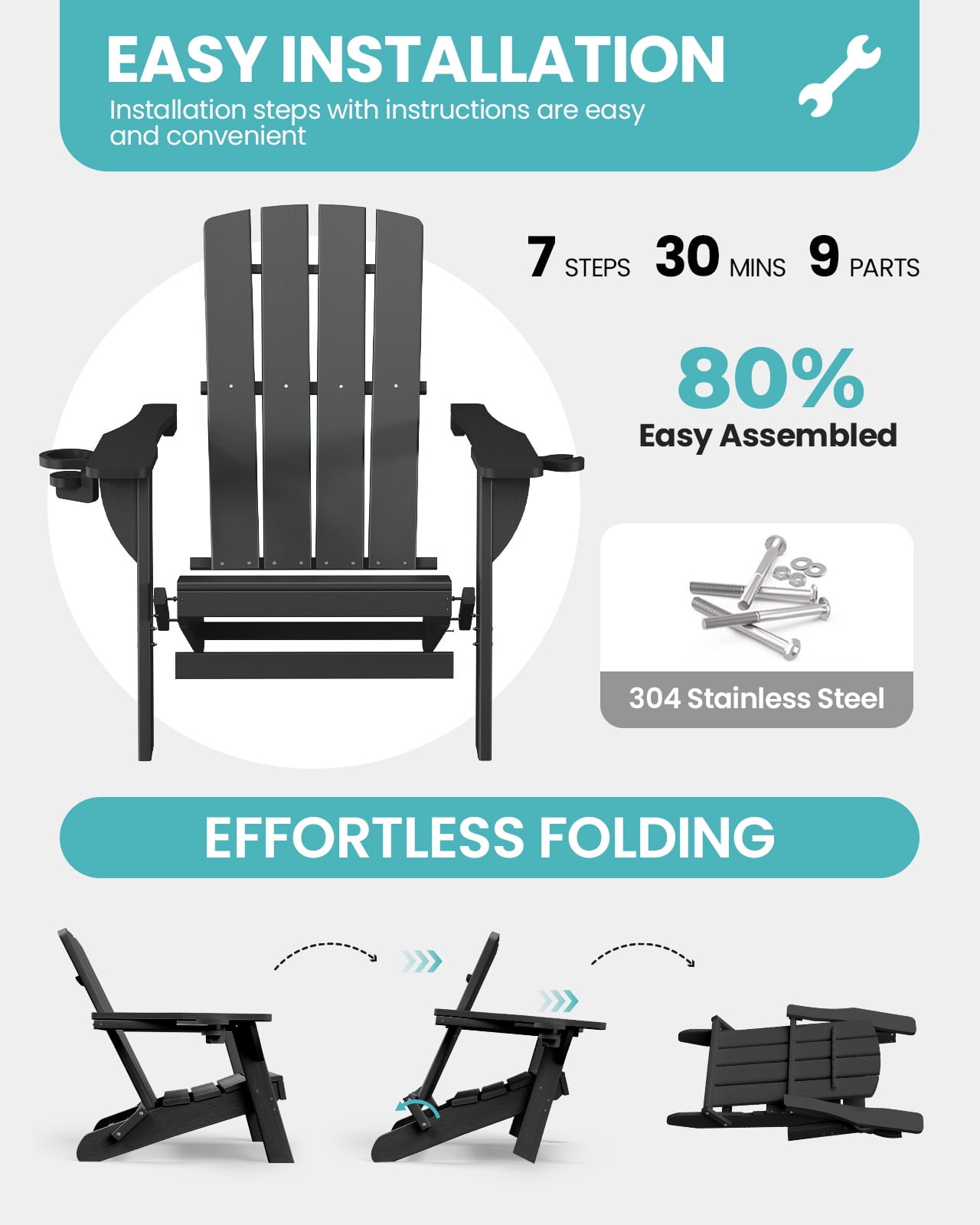 Folding Adirondack Chair set of 6, HDPE All-Weather Lawn Chair with 2 Cup Holder, Patio Garden Outdoors Fire Pit, Black