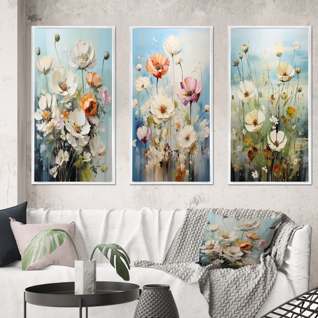 Designart "Meadow Calm Bliss Muted III" Floral & Botanical Framed Wall Art Set Of 3 - White Meadow Frame Canvas Set For Living Room Decor