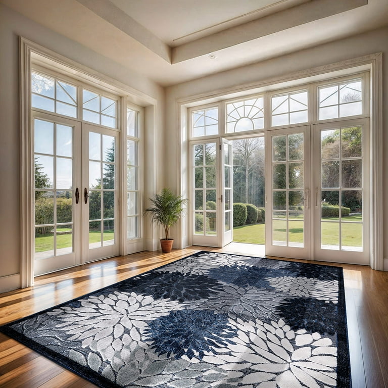 CAMILSON Spring Navy Blue 8x10 Rug - Indoor/Outdoor, Washable, Non