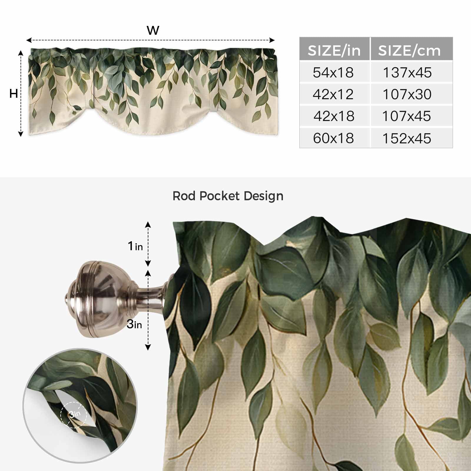 Leaf Tie Up Valance for Windows, Vintage Spring Dark Green Leaves Branch Plant Linen Texture Adjustable Rod Pocket Tie Up Valance Curtains Window Treatment for Kitchen Bathroom Bedroom 54 X 18 Inch