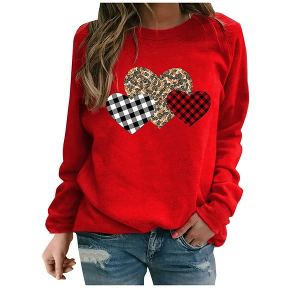 ibuvkizy Valentine's Day Sweatshirt for Women Fashion Long Sleeve Printed Sweatershirt Loosen Blouse Tops Red,M