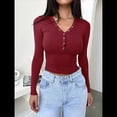 thumbnail image 4 of Camisas de Larga para Mujer, Ropa de Otoño, Blusas Henley, Blusas Informales de Negocios Acanaladas, Conjuntos de Moda. Vino Tinto M, 4 of 8