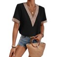 thumbnail image 1 of Blusa de encaje de crochet negra elegante XXL con escote en V, corte holgado y mangas cortas para un look de cita moderno, 1 of 5