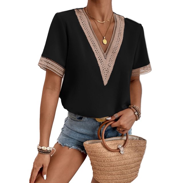 Blusa de encaje de crochet negra elegante XXL con escote en V, corte holgado y mangas cortas para un look de cita moderno