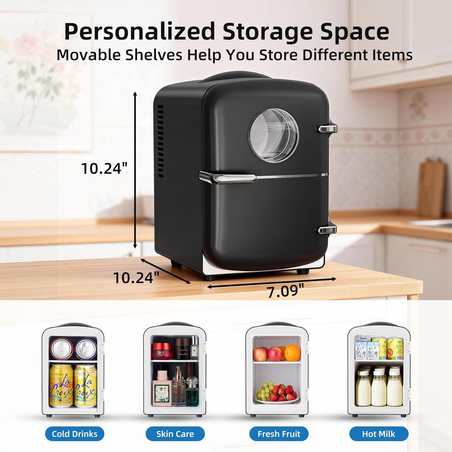 FREE VILLAGE Mini Fridge for Bedroom,4L/6 Cans Small Refrigerator No Freezer for Skincare,Makeup,With Observation Window,Portable Beverage Drink Cooler and Warmer for Kids,Car,Office,Dorm,Black