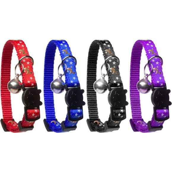 Collier pour Chat Réfléchissant Étoiles et Lune, Lot de 4, à Dégagement Rapide avec Clochette, Collier pour Animal en Nylon Ajustable