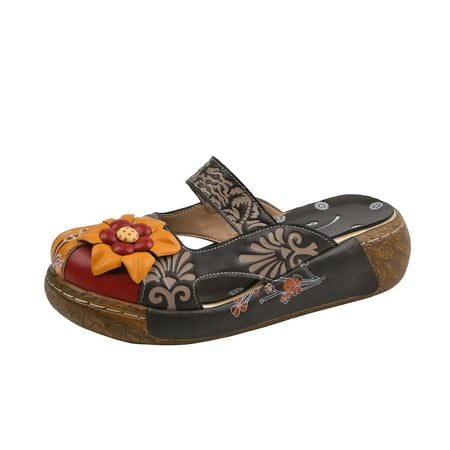 

Women S Sandals Women Folk-Custom Color Block Hollow-Out Manual Flower Printing Splice Color Flat Heel Sandals Shoes