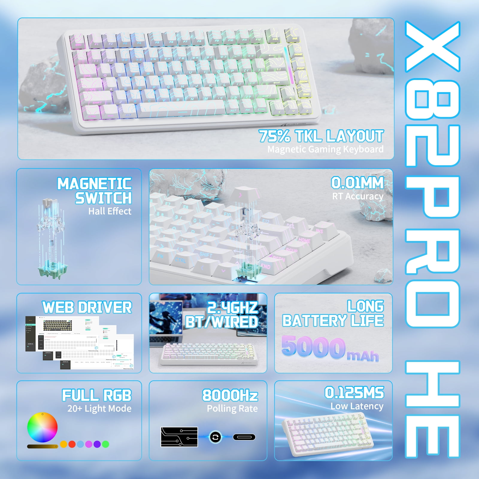 ATTACK SHARK X82PRO HE 75% Wireless Rapid Trigger Magnetic Keyboard, 8K Wired Gaming Keyboard, Hall Effect Switches Adjustable Actuation, QWERTY, RGB Backlit, C01 RGB Coiled Cable -White