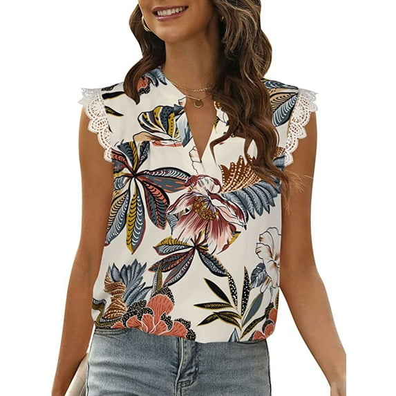 Qmyliery Women Summer Tank Tops, Sleeveless Plain/Flower/Leaves V-Neck Lace Shirts