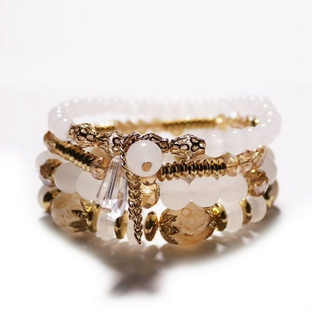 Xiao Hua Pulseras de cuentas apilables bohemias para hombres y mujeres, brazaletes de cuentas multicapa elásticos bohemios con dijes, joyería multicolor, blanco