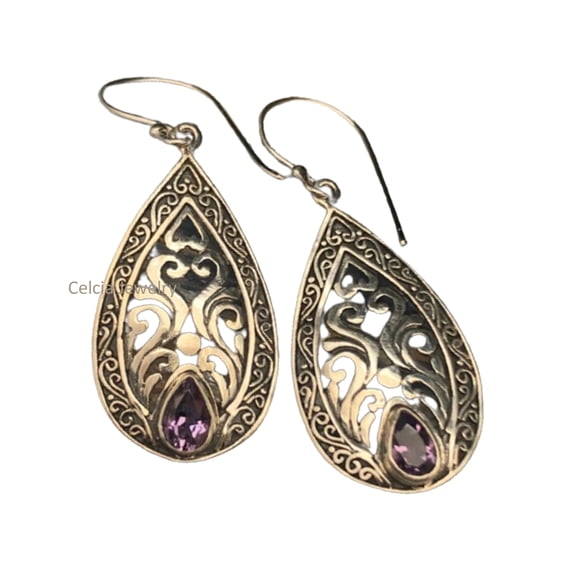 Real 925 Sterling Silver Dangle Teardrop Earrings For Women, Genuine Amethyst Pear Gemstone Amazing Handcrafted February Birthstone Gifts