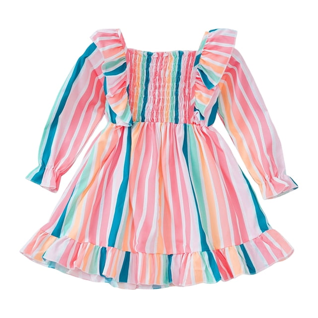 YOUSNH Robe Princesse à Manches Longues à Rayures pour Filles Tout-Petits Robe de Fête Dansante Vêtements Robes pour Filles Rose 2-3 Ans