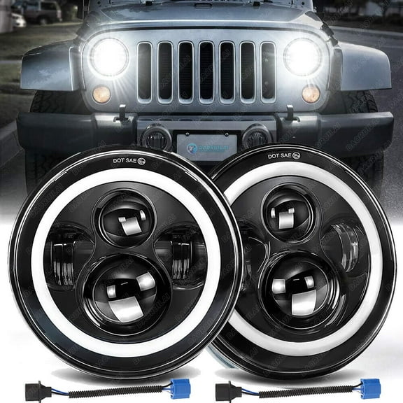 2X 7" inch Halo LED Headlights Round Hi/Lo DRL for Jeep Wrangler JK LJ TJ CJ H2