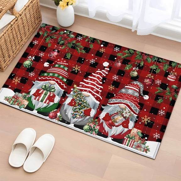 Red Plaid Gnomes Christmas Bathroom Rug Washable 2x3 Entryway Rug Non Slip Xmas Balls Tree Snowflake Front Door Mat Low Pile Indoor Doormat Throw Floor Carpet for Kitchen Bedroom Entrance