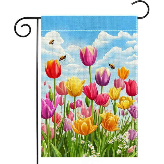 Spring Summer Bee Tulip Garden Flag 12x18 Double Sided, Colorful Floral Outdoor Yard Holiday Decoration