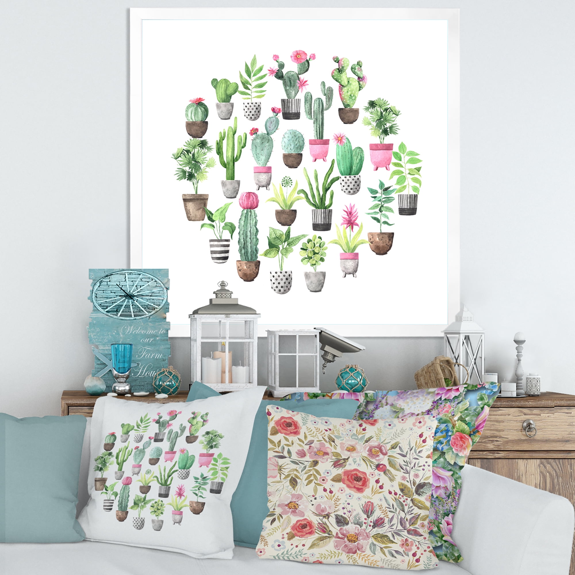 Designart 'Cactus In Ceramic Pots In Gentle Tones II' Traditional Framed Art Print
