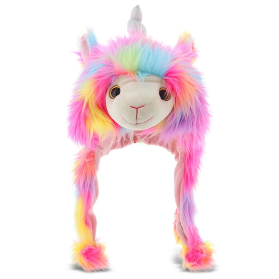 DolliBu Rainbow Llamacorn Plush Hat - Super Soft Warm Hat with Ear Flaps, Funny Plush Party Crazy Hat, Stuffed Llama Unicorn Halloween Costume Hat, Cozy Fleece Winter Hat for Kids & Teens - One Size