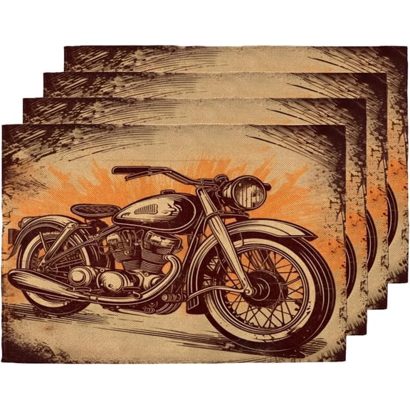 Retro Motorcycle Placemats Set of 4 for Dining Table, Heat-Resistant Kitchen Dining Table Mats, Washable Desktop Decor Place Mats for Outdoor Indoor