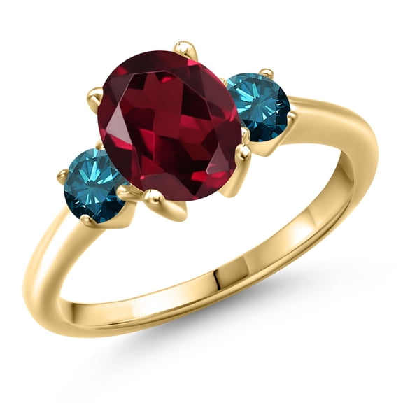 Gem Stone King 10K Yellow Gold Red Rhodolite Garnet and Blue Diamond Engagement Ring for Women | 2.54 Cttw | Oval 9X7MM | Gemstone January Birthstone | Size 8