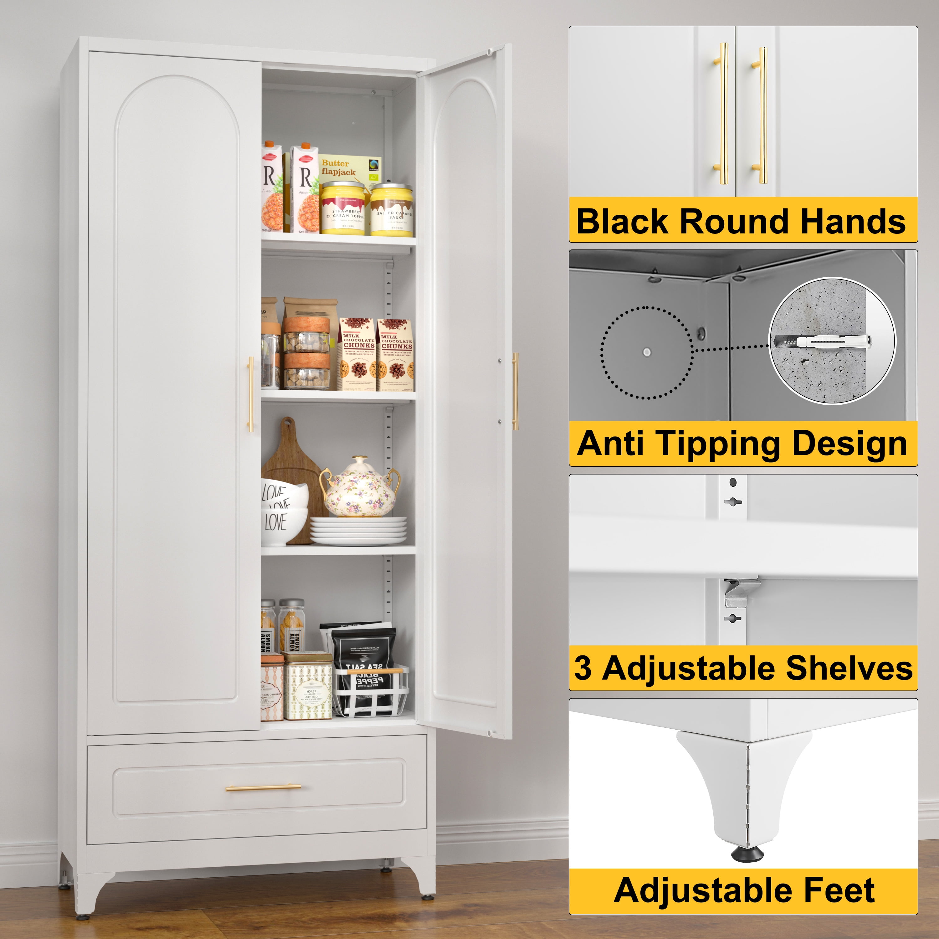 Polup 75" H White Kitchen Pantry Storage Cabinets with Drawers, Doors and Shelves, Steel Large Cupboard