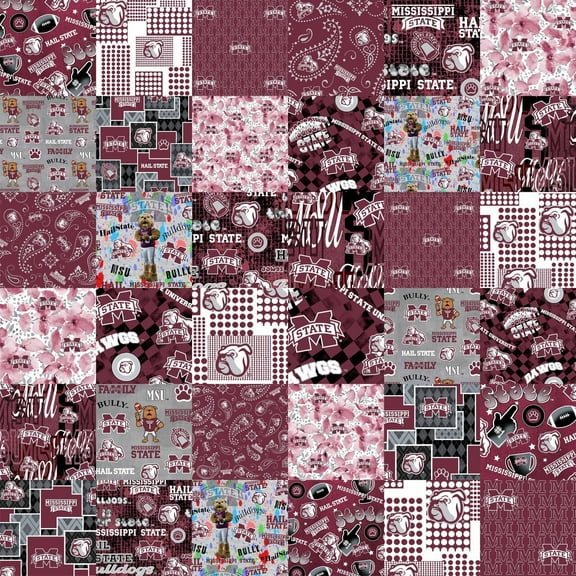 Official Licensed Mississippi State University Cheater Quilt Printed Cotton Fabric-Mississippi State Bulldogs Cotton Fabric with Patchwork Cheater Quilt Print-60” Width