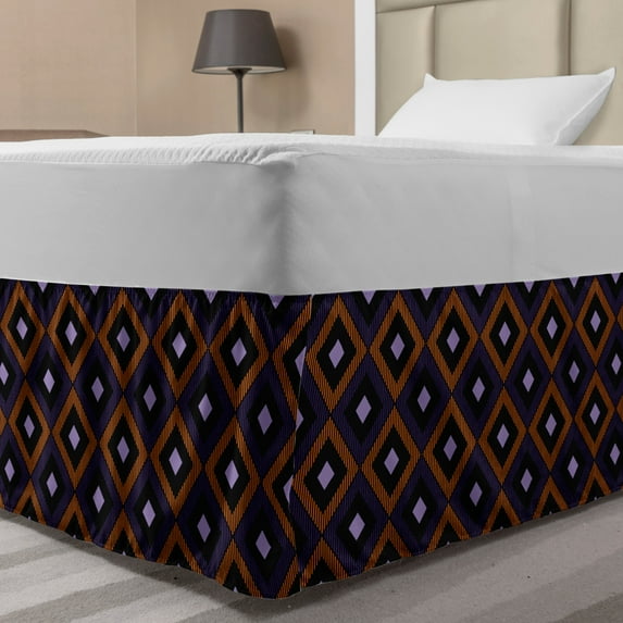 Ikat Bed Skirt, Repeated Diamonds and Hatch Lines Native Design Traditional Halloween Colors, Elastic Bedskirt Dust Ruffle Wrap Around for Bedding Decor, 4 Sizes, Orange Purple Black, by Ambesonne