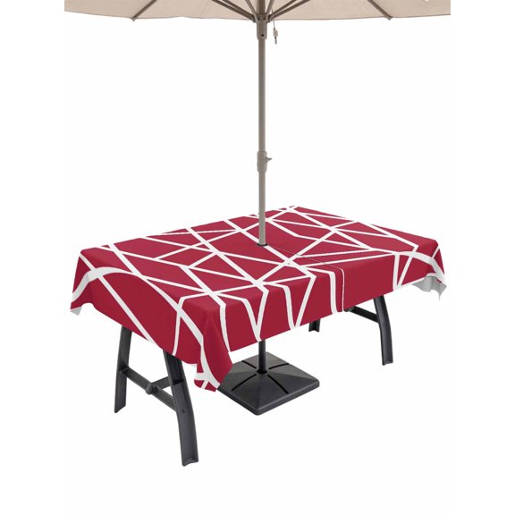 Outdoor Tablecloth with Umbrella Hole for Patio/Picnic/Party/Camping, Red Geometric Waterproof Table Cloth Rectangle Table Cover Washable, Abstract Stripes Modern Minimalist (52"x 70")