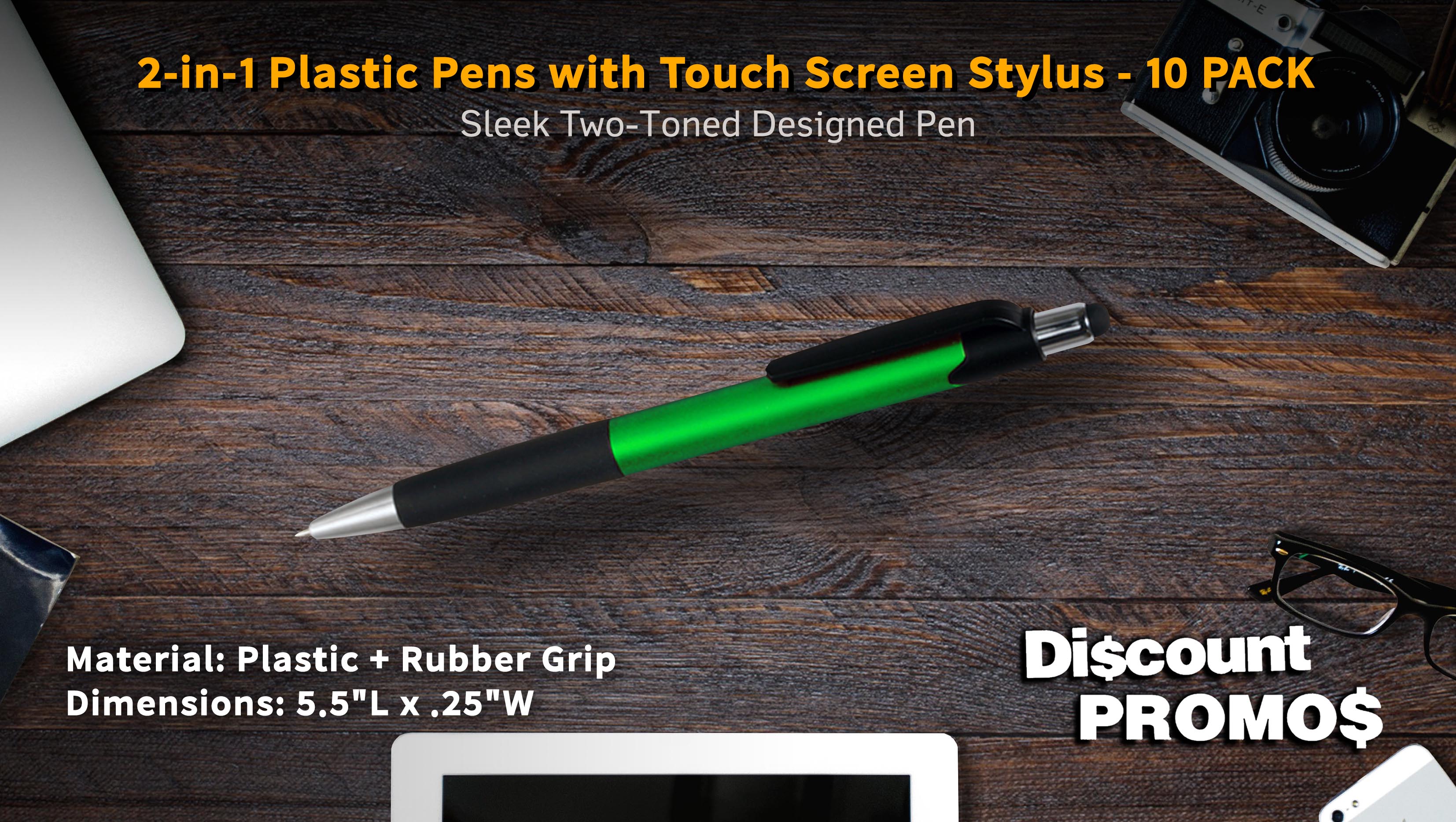 Pens with Touch Screen Stylus - 10 pack - Plastic Pens - Metallic Green