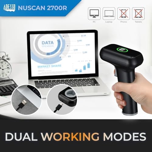 Adesso Nuscan 2700R Wireless Barcode Scanner with Charging Cradle - High-Speed 2D Scanning Engine, 120 FPS, 2.4GHz RF Wireless Technology