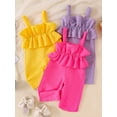 thumbnail image 3 of Yunliwuli Baby Girls Summer Casual Jumpsuit Sleeveless Solid Color Ruffle Trim Cami Playsuit, 3 of 9